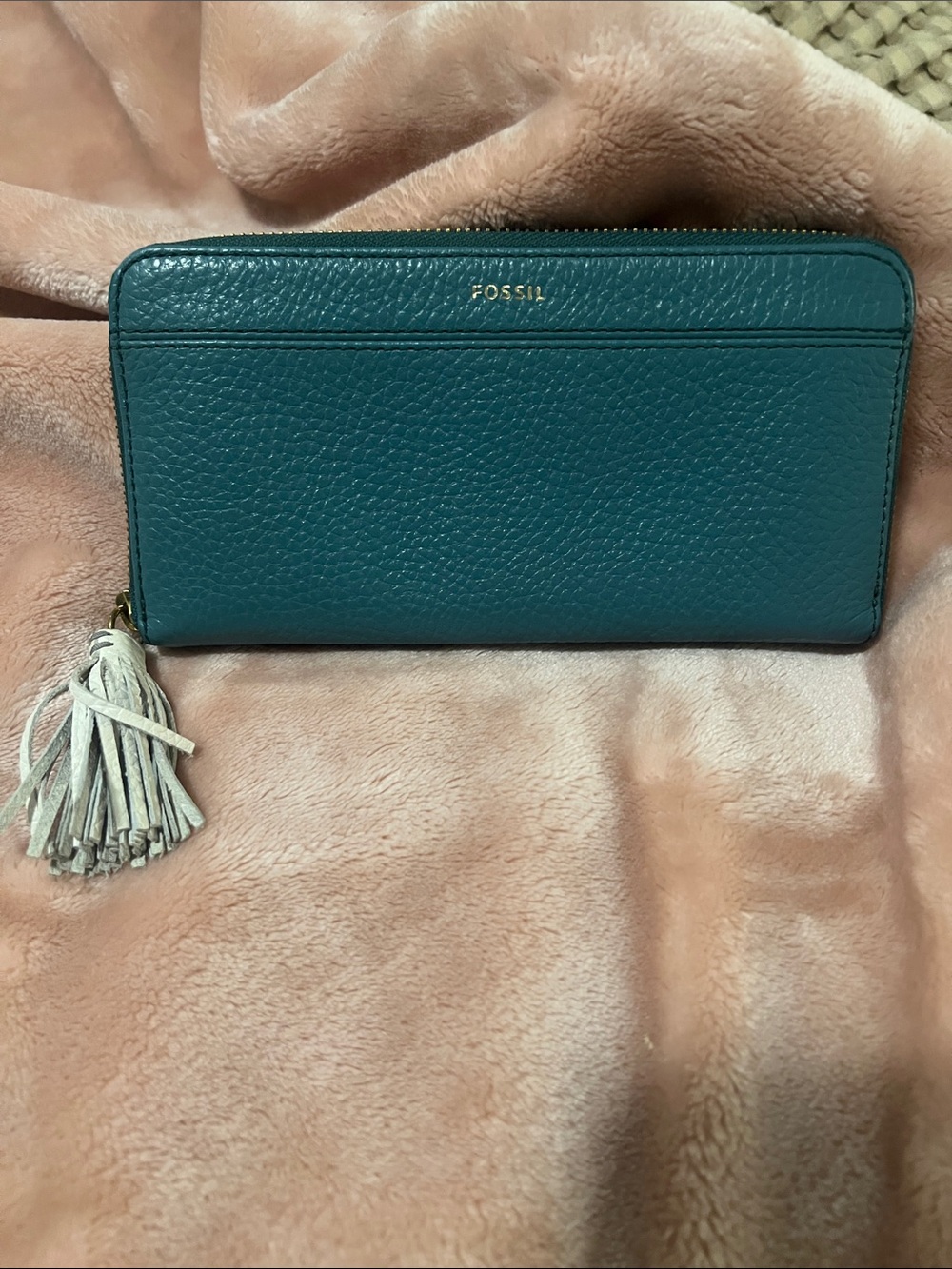 Fossil Teal Zip Wallet with Tassel Accent